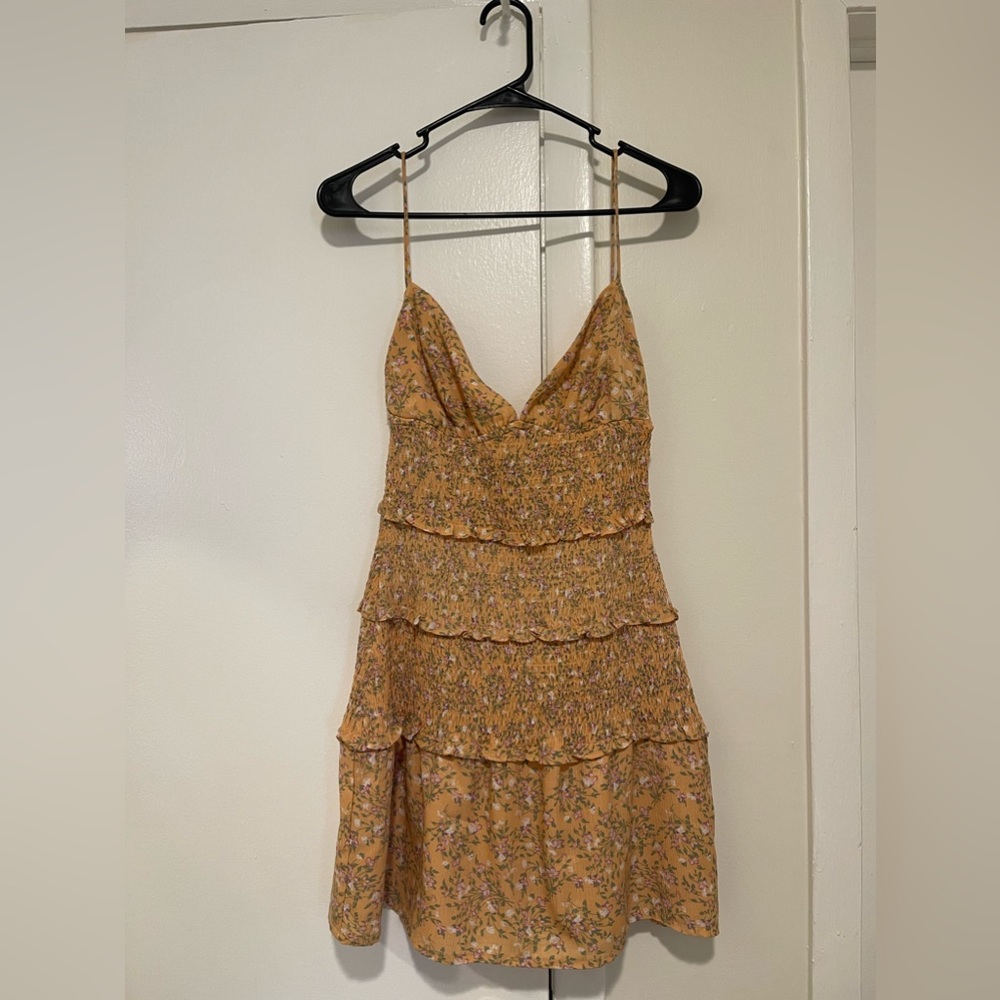 Lush Light Orange Floral Smocked Tiered Mini Dress Size S